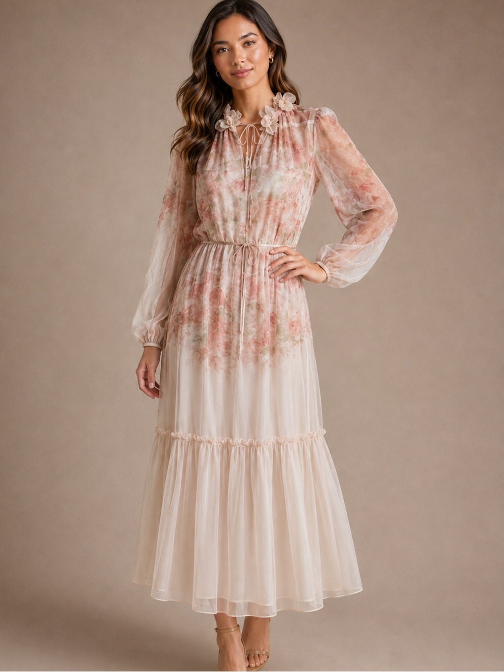 ELPPIS Chiffon Watercolor Floral Blush Rose Pink Dress Sz L NWT $399